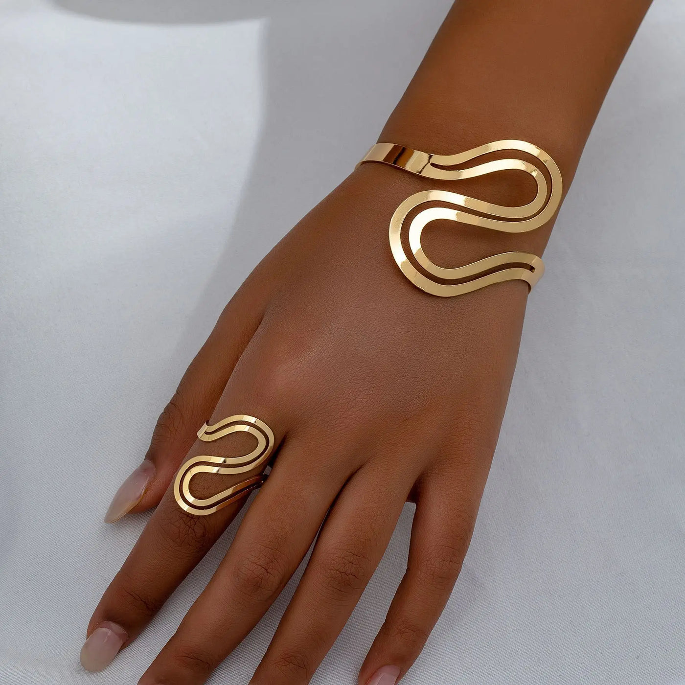 Selina - Modern Swirl Adjustable Gold Bracelet and Ring Set