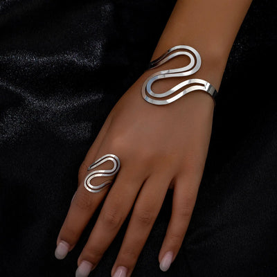 Selina - Modern Swirl Adjustable Gold Bracelet and Ring Set