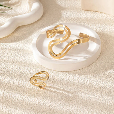 Selina - Modern Swirl Adjustable Gold Bracelet and Ring Set