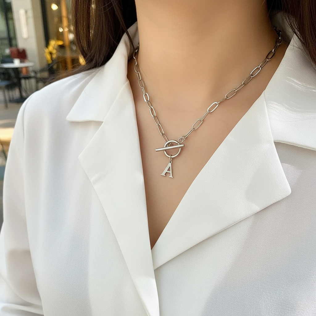 Paperclip Letter Initial Circle Lock Clasp Necklace